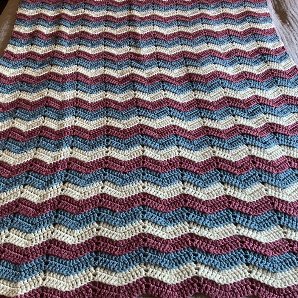 Hand Crocheted Chevron Blanket Cozy Warm‎ Afghan Burgundy Blue Cream